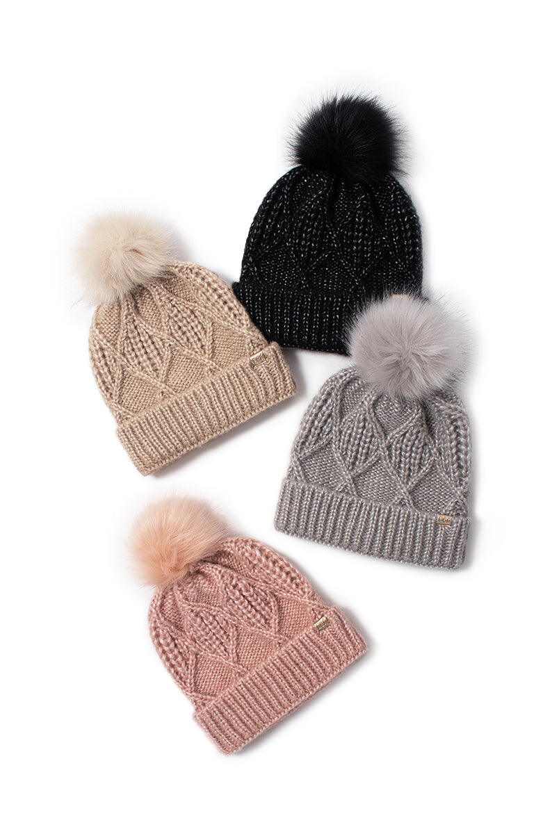 FSBB965 - Metallic yarn knit beanie with faux fur pom