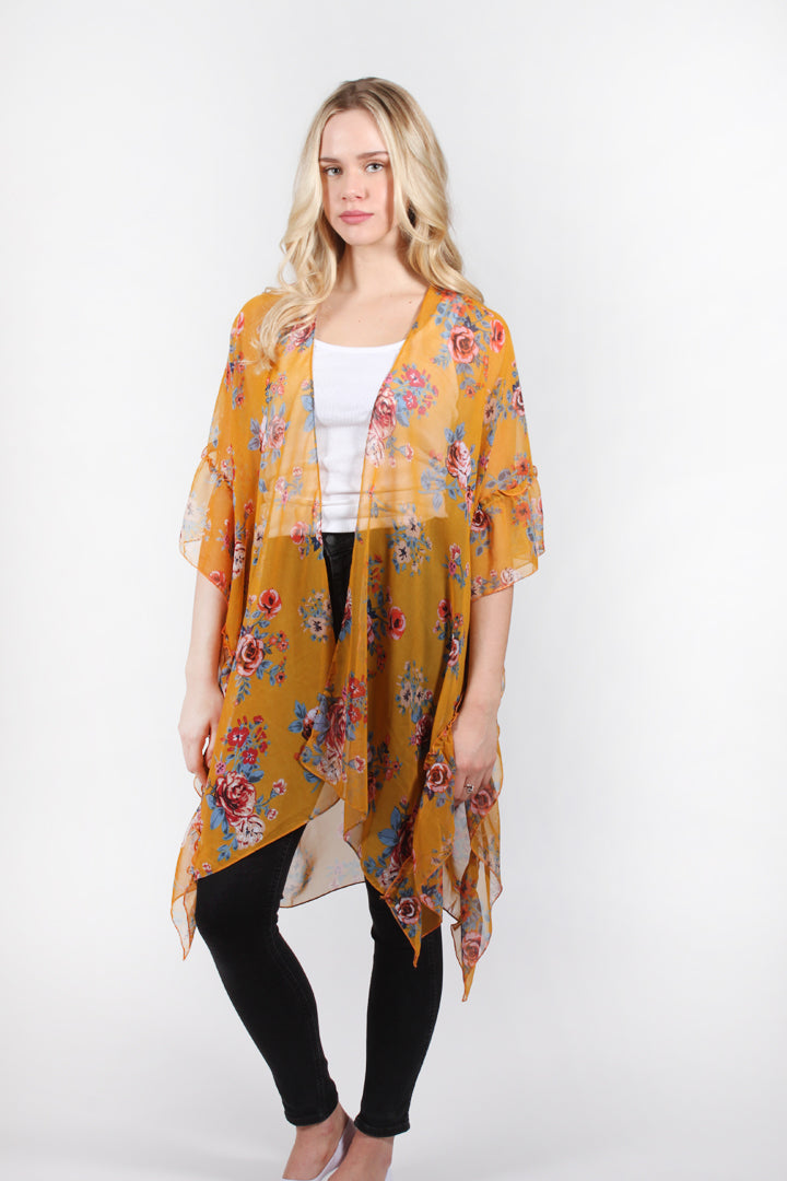 FSTO583 - Floral Printed Shawl with Ruffles "30x36" - David and Young Fashion Accessories