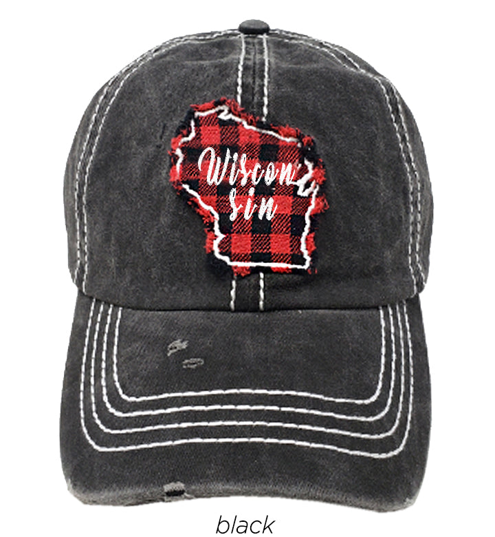 FWCAP2003WI - Buffalo Plaid Patch "Wisconsin" Map Thick Stitch Baseball Cap - David and Young Fashion Accessories