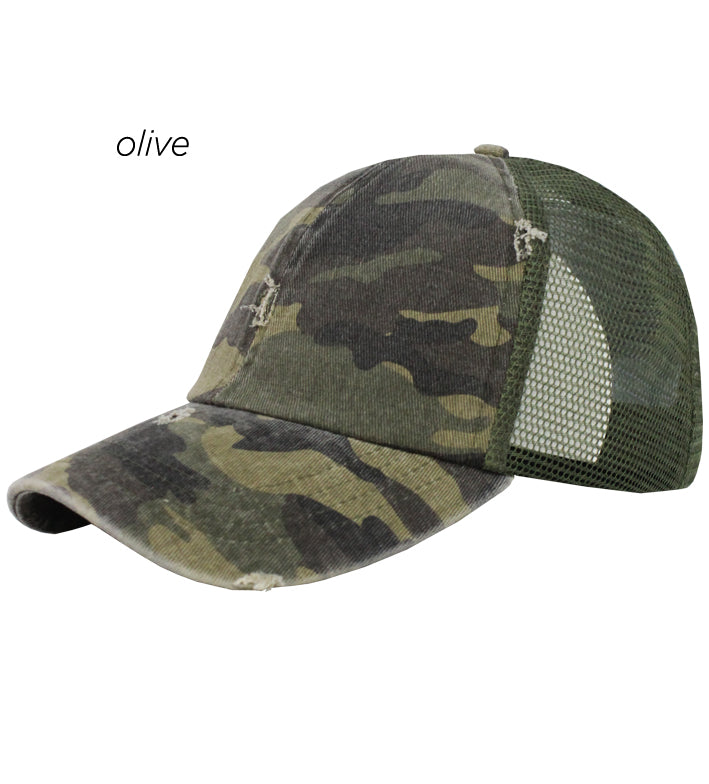 FWCAPM6101 - Washed Camo Distressed Mesh Back Cap - David and Young Fashion Accessories