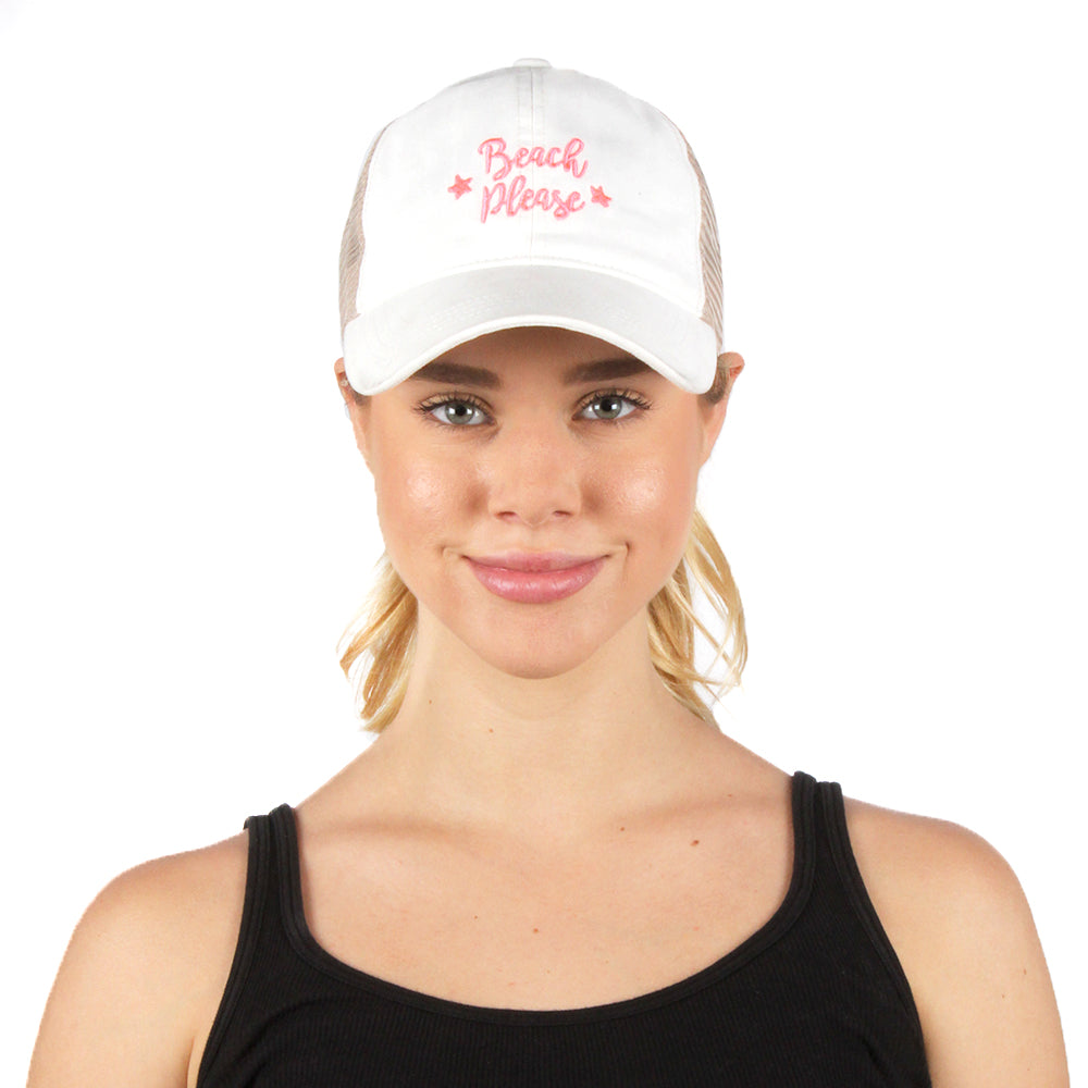 FWCAPMT927 -  Mesh Back Ponyflo Cap with "Beach Please" Embroidery - David and Young Fashion Accessories