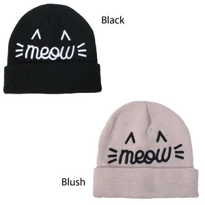 GWBB618 - Fine Knit Beanie With 3D "Meow" Embroidery - David and Young Fashion Accessories