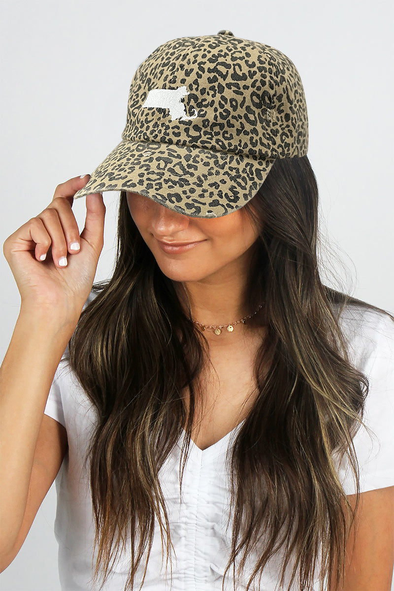 LCAP1438 - State map embroidered on leopard baseball caps