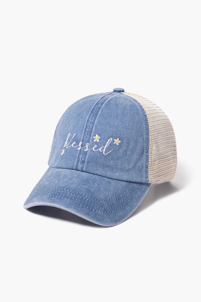 LCAPM1625 - blessed with daisy flowers embroidered mesh back baseball cap