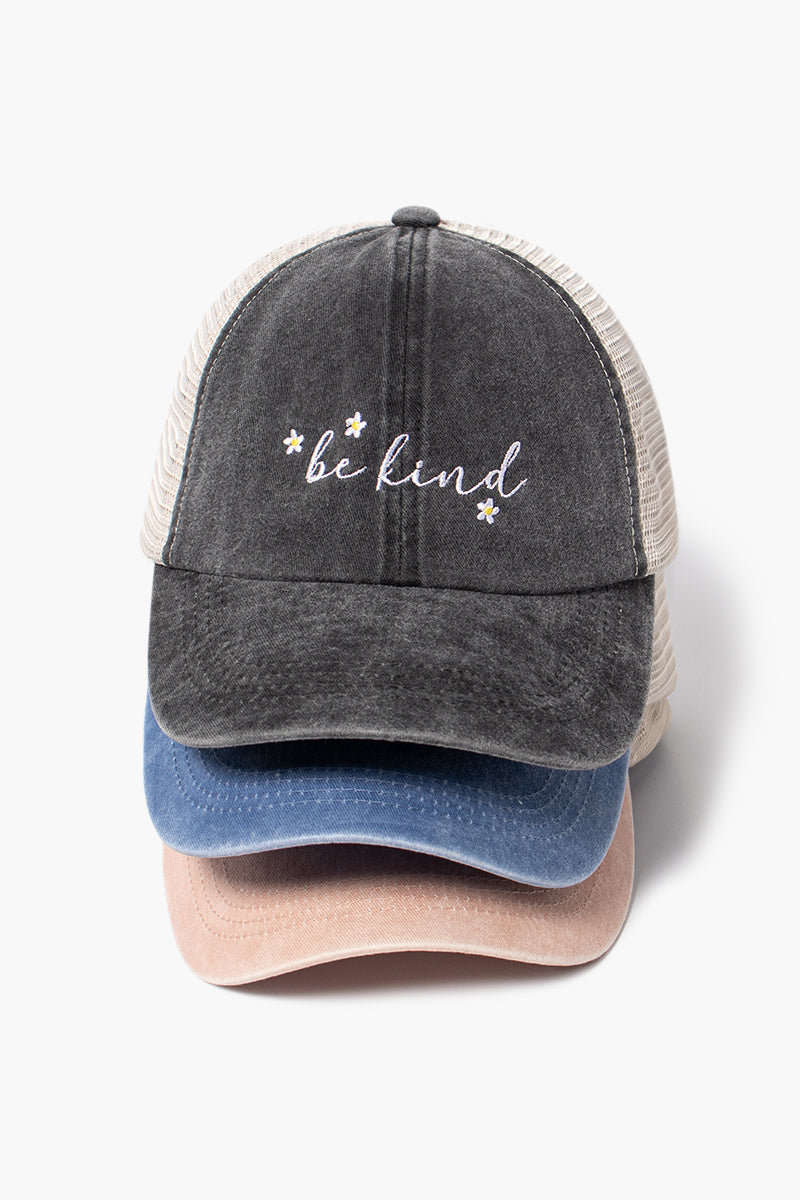 LCAPM1626 - be kind daisy embroidered mesh back baseball cap