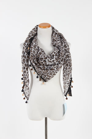 SGSFQ11744 - Leopard Print Scarf with Tonal Pom Poms "50X50" - David and Young Fashion Accessories