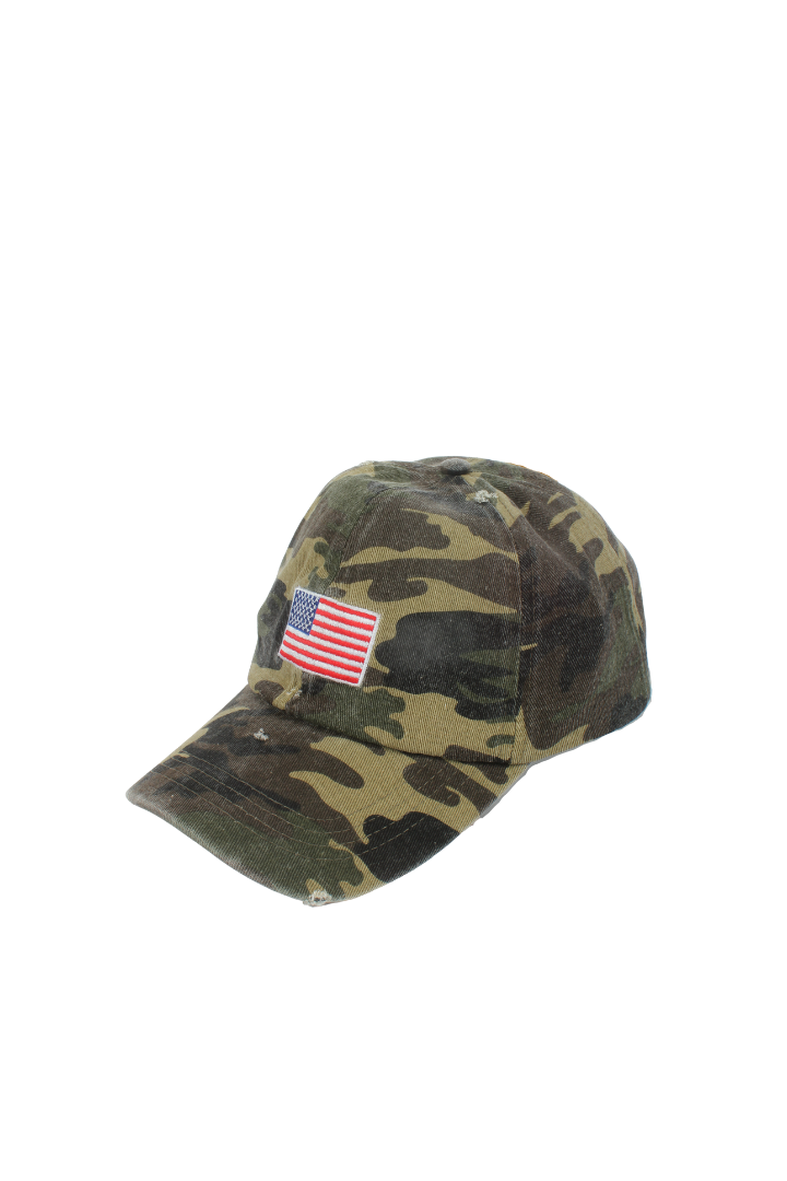 FWCAP126 - Distressed Camo Baseball Cap with American Flag Embroidery